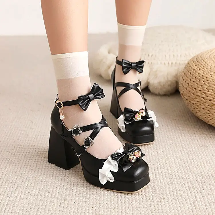 Women's Lolita Square Toe Lace Bow Tie Pearls Chunky Heel Platform Pumps