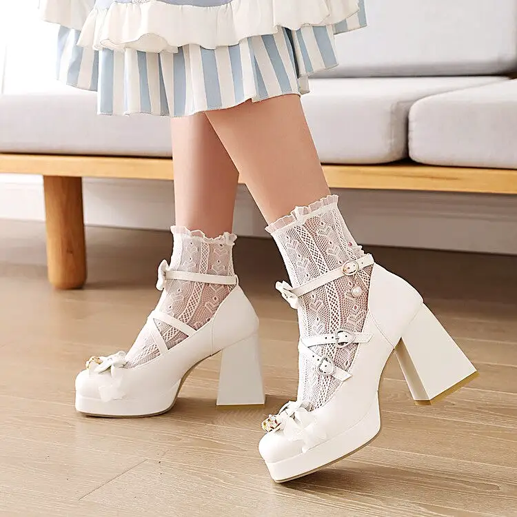 Women's Lolita Square Toe Lace Bow Tie Pearls Chunky Heel Platform Pumps