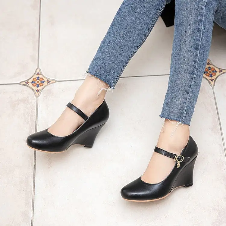 Women's Mary Janes Buckle Wedge Heel Pumps