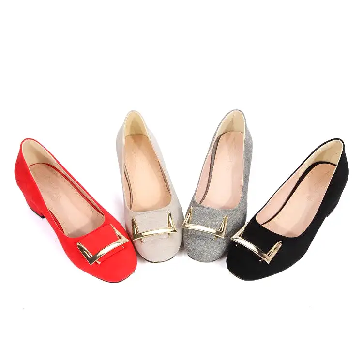 Women's Metal Square Buckles Shallow Block Heel Pumps