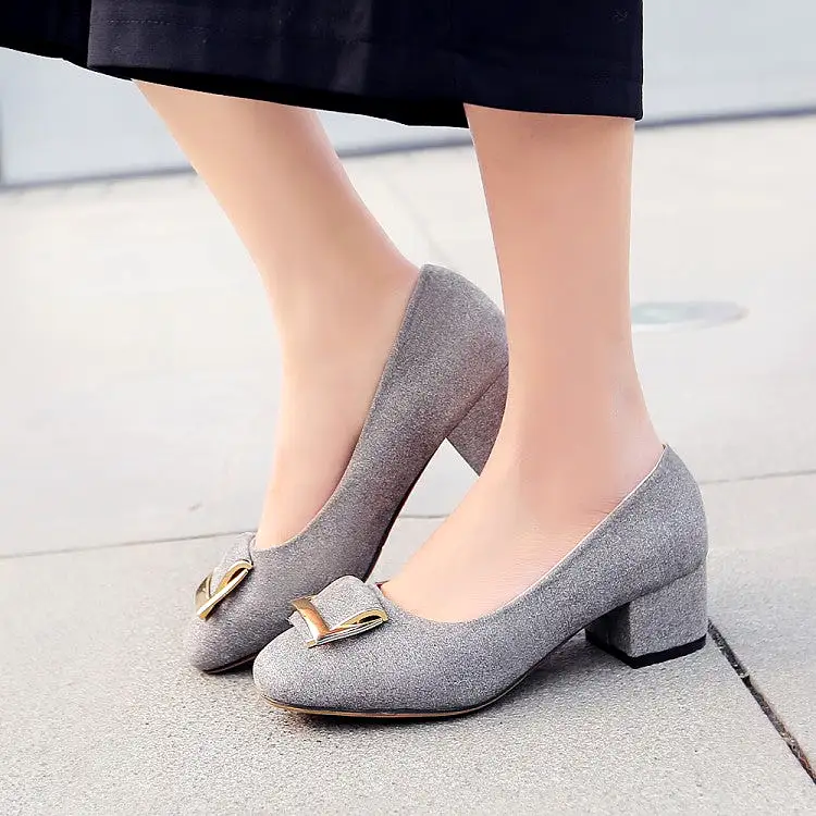 Women's Metal Square Buckles Shallow Block Heel Pumps