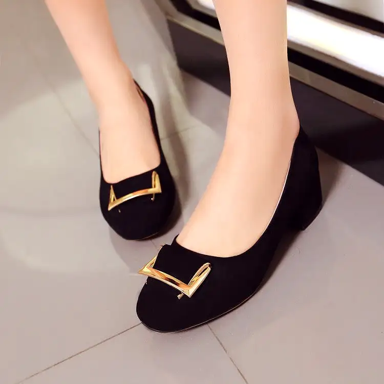 Women's Metal Square Buckles Shallow Block Heel Pumps