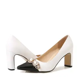 Women's Rhinestone Bicolor Pointed Toe Shallow Chunky Heel Pumps