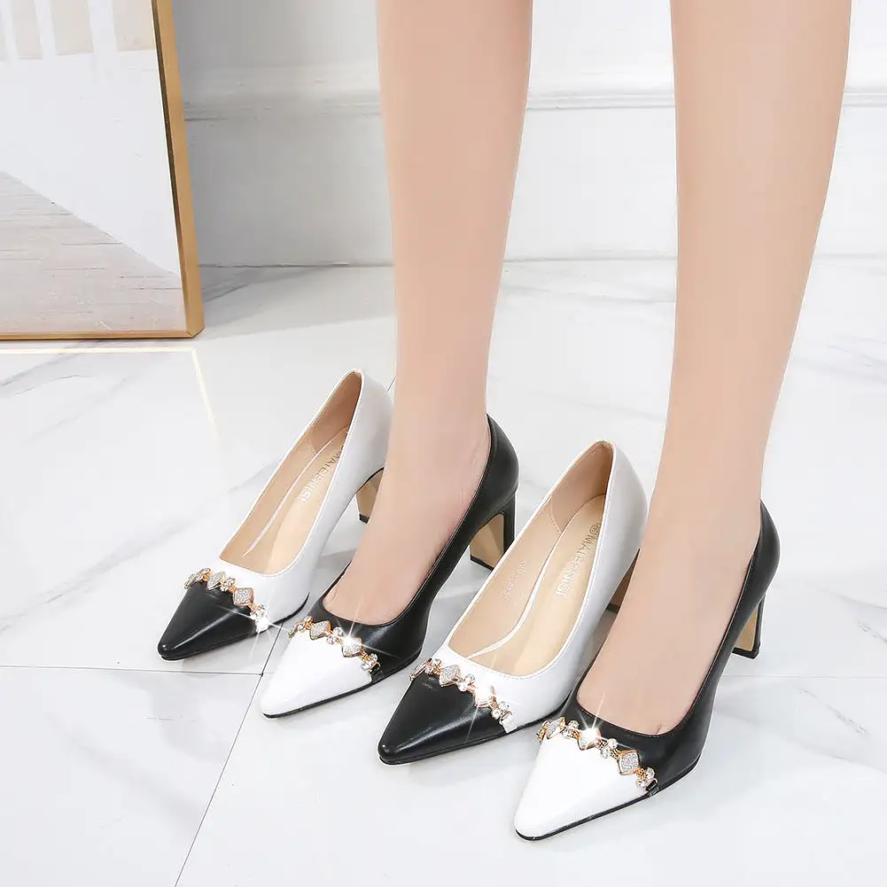 Women's Rhinestone Bicolor Pointed Toe Shallow Chunky Heel Pumps