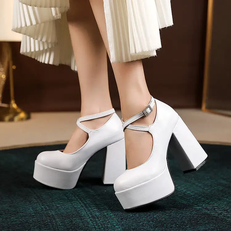 Women's Round Toe Ankle Strap Platform Chunky Heel Pumps