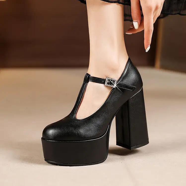 Women's T Strap Rhinestone Buckle Chunky Heel Platform Pumps