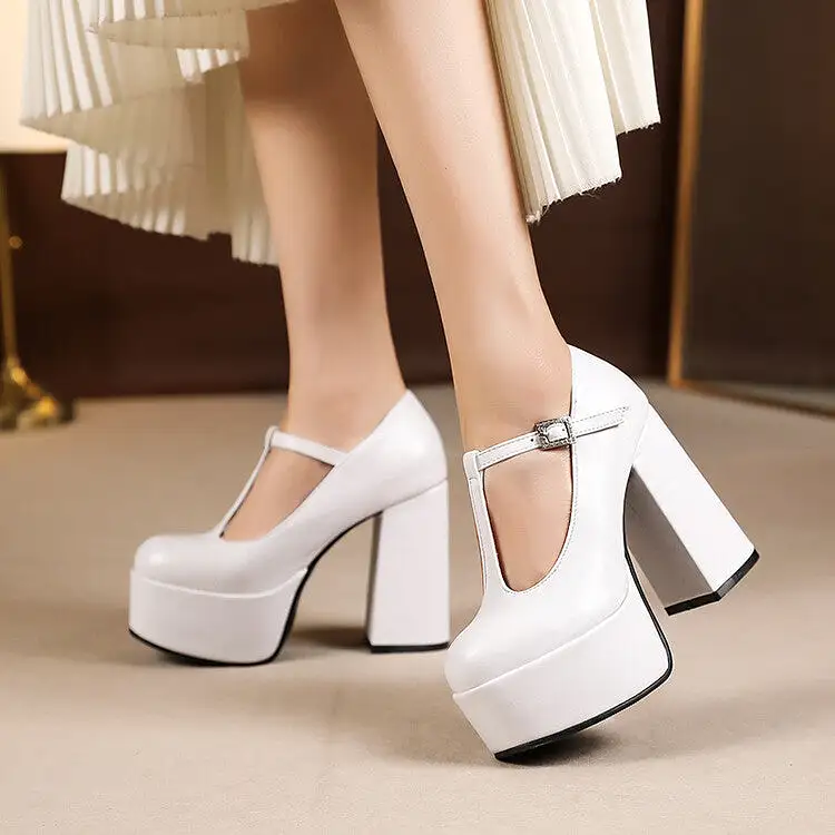 Women's T Strap Rhinestone Buckle Chunky Heel Platform Pumps